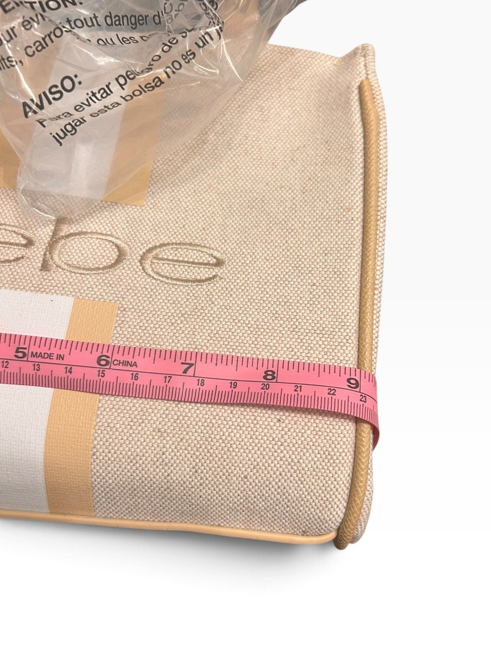 bebe Beige Canvas Stripe Satchel with Tan & White Accents - Picture 10 of 12